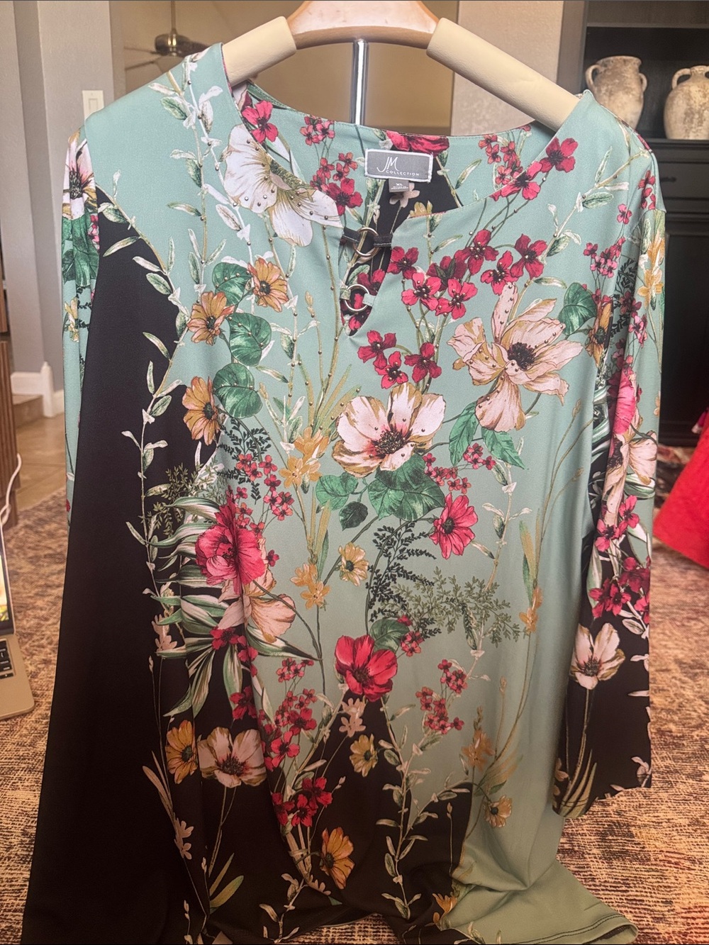 JM Collection Mint Green and Black Floral Split-Panel Blouse